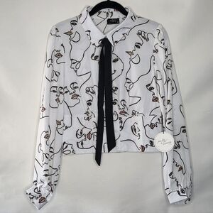 Milk & Honey Tie Neck Shirt XL Faces Print Button-up Top Long Sleeve Artsy NEW